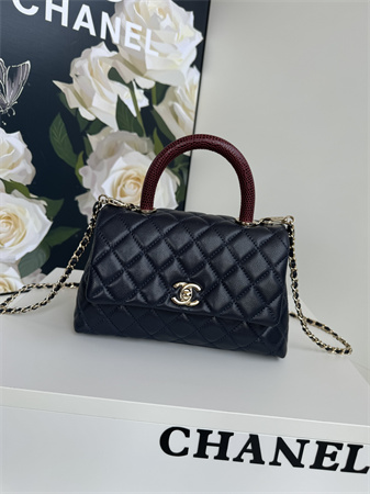 Chanel Small Coco Handle Bag Grained Calfskin Lt Gold Metal Black A92990