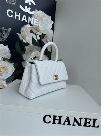 Chanel Small Coco Handle Bag Grained Calfskin Lt Gold Metal White A92990