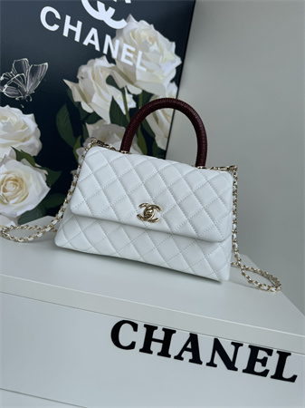Chanel Small Coco Handle Bag Grained Calfskin Lt Gold Metal White A92990