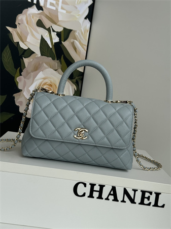 Chanel Small Coco Handle Bag Grained Calfskin Lt Gold Metal Blue A92990