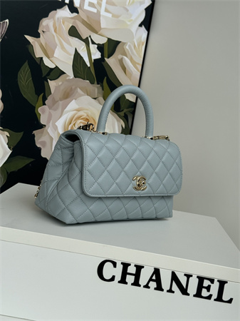 Chanel Small Coco Handle Bag Grained Calfskin Lt Gold Metal Blue A92990