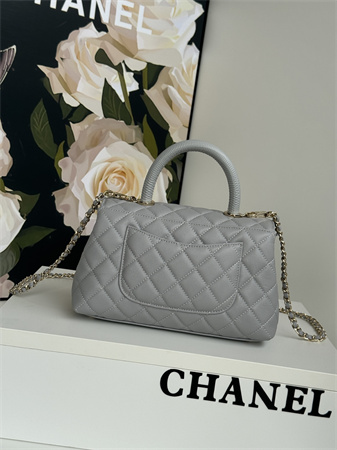 Chanel Small Coco Handle Bag Grained Calfskin Lt Gold Metal Grey A92990