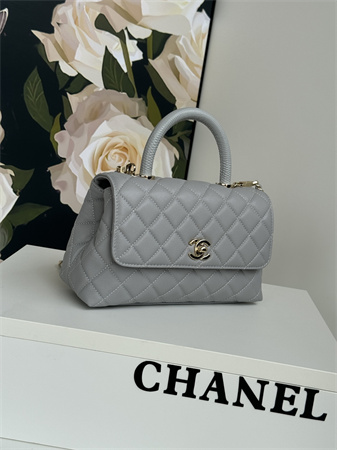 Chanel Small Coco Handle Bag Grained Calfskin Lt Gold Metal Grey A92990