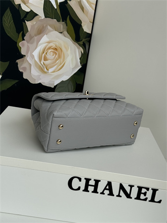 Chanel Small Coco Handle Bag Grained Calfskin Lt Gold Metal Grey A92990