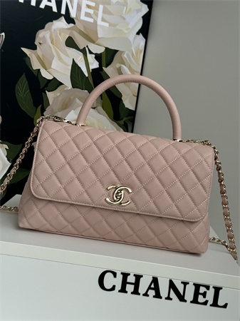Chanel Large Coco Handle Bag Grained Calfskin Lt Gold Metal Pink A92991