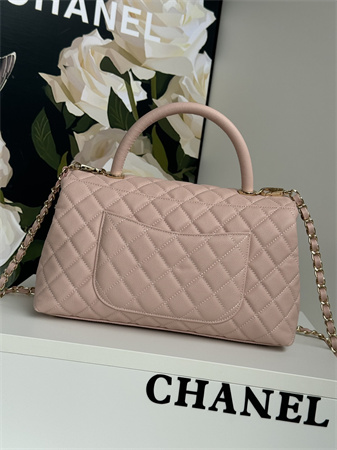 Chanel Large Coco Handle Bag Grained Calfskin Lt Gold Metal Pink A92991