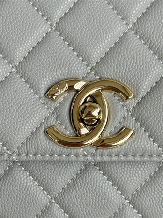 Chanel Large Coco Handle Bag Grained Calfskin Lt Gold Metal Grey A92991