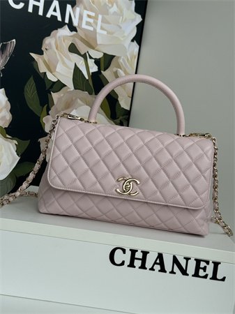 Chanel Large Coco Handle Bag Grained Calfskin Lt Gold Metal Lt Pink A92991