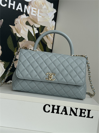 Chanel Large Coco Handle Bag Grained Calfskin Lt Gold Metal Blue A92991