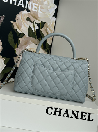 Chanel Large Coco Handle Bag Grained Calfskin Lt Gold Metal Blue A92991