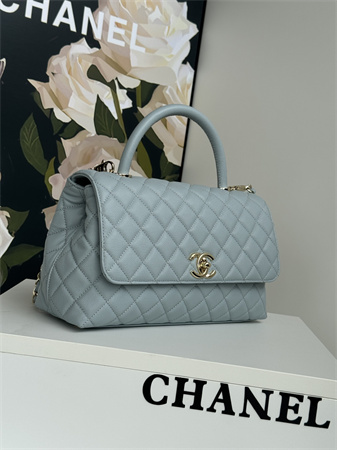 Chanel Large Coco Handle Bag Grained Calfskin Lt Gold Metal Blue A92991