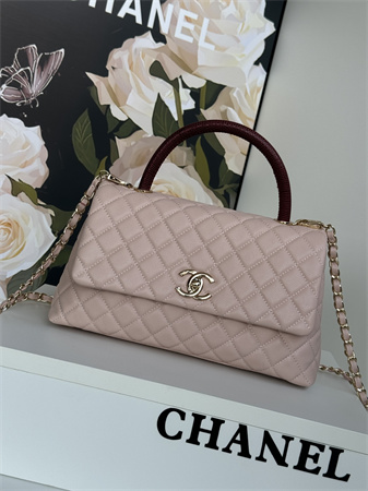 Chanel Large Coco Handle Bag Grained Calfskin Lt Gold Metal Pink A92991
