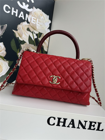 Chanel Large Coco Handle Bag Grained Calfskin Lt Gold Metal Red A92991