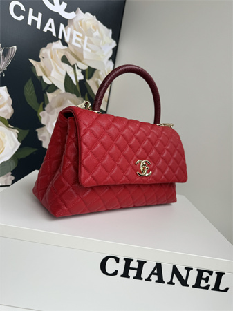 Chanel Large Coco Handle Bag Grained Calfskin Lt Gold Metal Red A92991