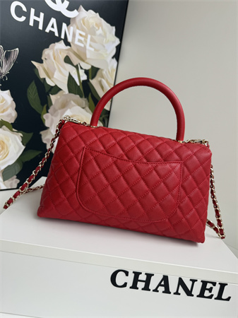 Chanel Large Coco Handle Bag Grained Calfskin Lt Gold Metal Red A92991