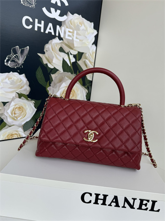 Chanel Large Coco Handle Bag Grained Calfskin Lt Gold Metal Burgundy A92991