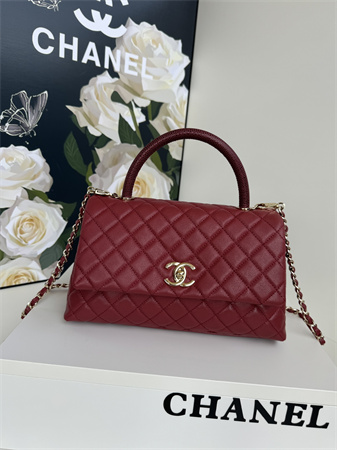 Chanel Large Coco Handle Bag Grained Calfskin Lt Gold Metal Burgundy A92991