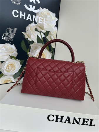 Chanel Large Coco Handle Bag Grained Calfskin Lt Gold Metal Burgundy A92991