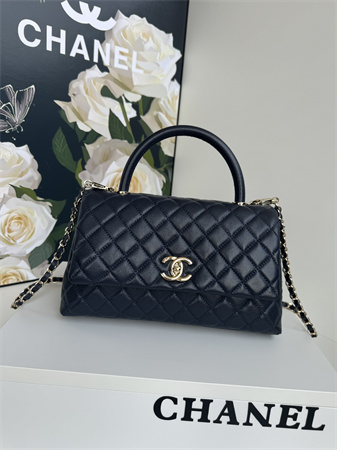 Chanel Large Coco Handle Bag Grained Calfskin Lt Gold Metal Black A92991