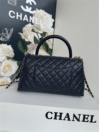Chanel Large Coco Handle Bag Grained Calfskin Lt Gold Metal Black A92991