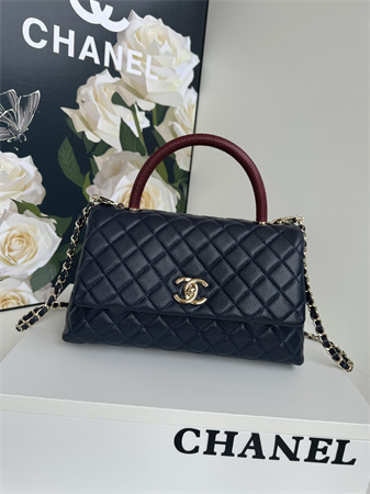 Chanel Large Coco Handle Bag Grained Calfskin Lt Gold Metal Black A92991