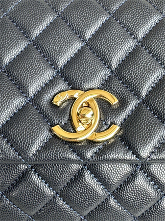 Chanel Large Coco Handle Bag Grained Calfskin Lt Gold Metal Black A92991