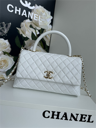 Chanel Large Coco Handle Bag Grained Calfskin Lt Gold Metal White A92991