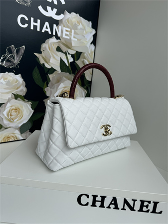 Chanel Large Coco Handle Bag Grained Calfskin Lt Gold Metal White A92991