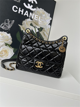 Chanel Hobo Handbag Shiny Crumpled Calfskin Gold Tone Metal Black AS4322