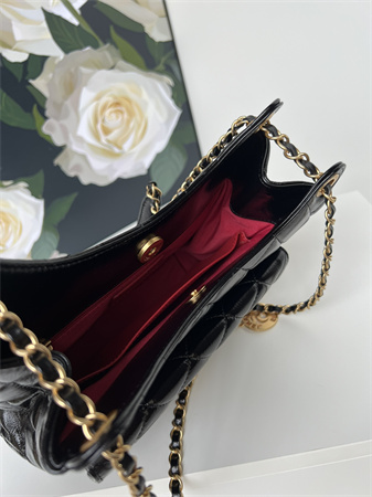 Chanel Hobo Handbag Shiny Crumpled Calfskin Gold Tone Metal Black AS4322