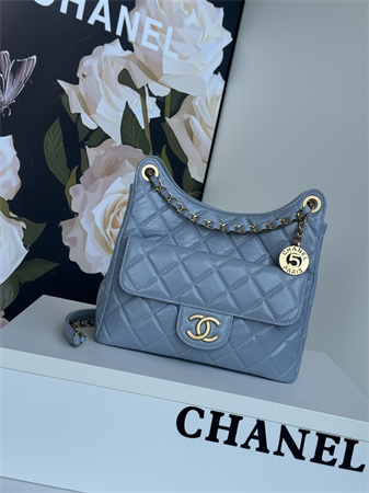 Chanel Hobo Handbag Shiny Crumpled  Calfskin Gold Tone Metal Blue AS4322