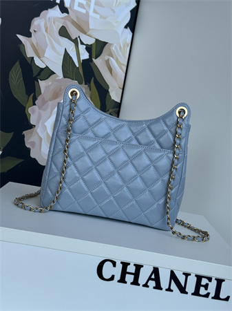 Chanel Hobo Handbag Shiny Crumpled  Calfskin Gold Tone Metal Blue AS4322