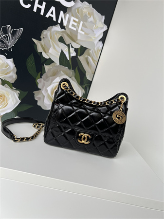 Chanel Small Hobo Handbag Shiny Crumpled Calfskin Gold Tone Metal Black AS4323
