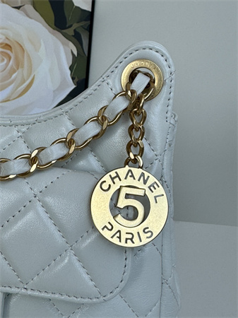 Chanel Small Hobo Handbag Shiny Crumpled  Calfskin Gold Tone Metal White AS4323