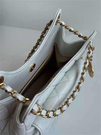 Chanel Small Hobo Handbag Shiny Crumpled  Calfskin Gold Tone Metal White AS4323