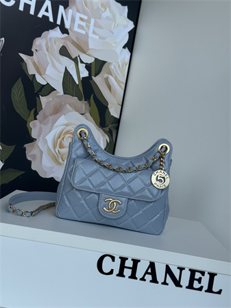 Chanel Small Hobo Handbag Shiny Crumpled  Calfskin Gold Tone Metal Blue AS4323