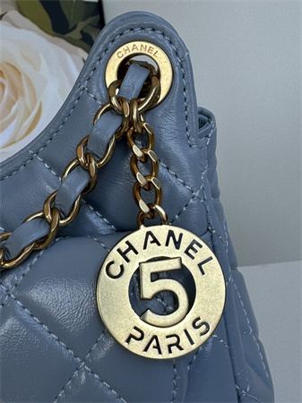 Chanel Small Hobo Handbag Shiny Crumpled  Calfskin Gold Tone Metal Blue AS4323