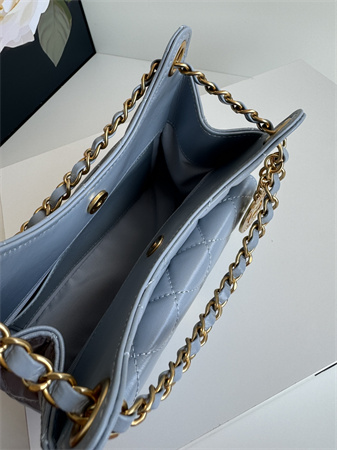 Chanel Small Hobo Handbag Shiny Crumpled  Calfskin Gold Tone Metal Blue AS4323