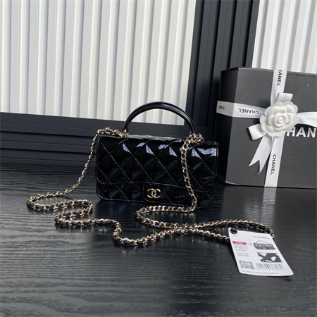 Chanel FLAP PHONE HOLDER WITH CHAIN Patent Calfskin Gold-Tone Metal Black AP3226