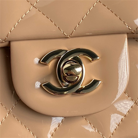 Chanel Mini Flap Bag With Top Handle Patent Calfskin Gold Tone Metal Beige AS2431