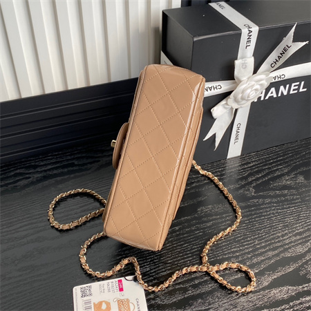 Chanel Mini Flap Bag With Top Handle Patent Calfskin Gold Tone Metal Beige AS2431