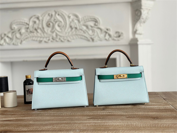 Hermes Kelly Mini II Bag Epsom Leather Blue Brume/Vert Jade/Gold HS