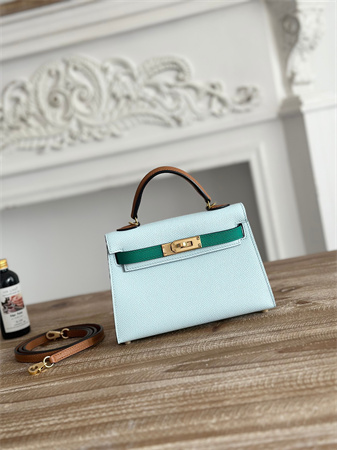 Hermes Kelly Mini II Bag Epsom Leather Blue Brume/Vert Jade/Gold HS