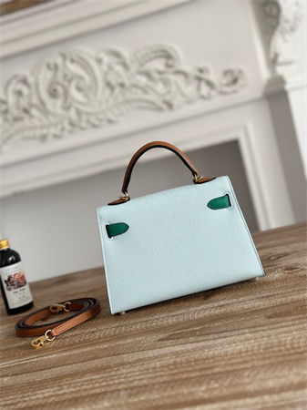 Hermes Kelly Mini II Bag Epsom Leather Blue Brume/Vert Jade/Gold HS
