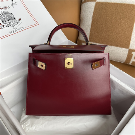 Kelly Sellier Bag Box Leather 25/28CM Gold/Silver Hardware Burgundy HS Customized