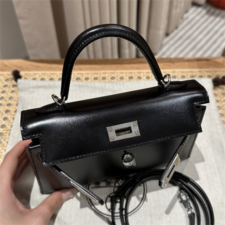 Hermes Kelly Mini II Bag Box Leather Gold/Silver Tone Metal Black HS