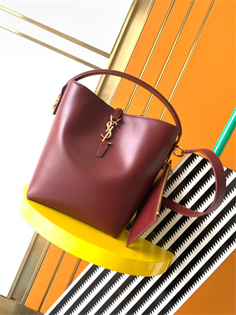 Y.S.L LE 37 In Shiny Leather Burgundy Bucket Bag
