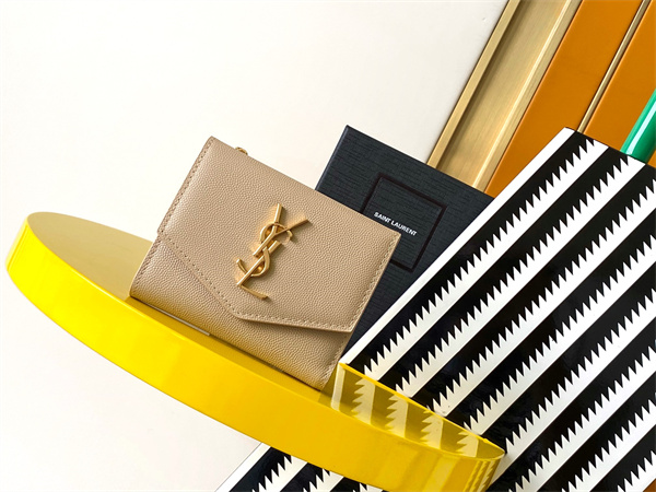 Y.S.L UPTOWN Compact wallet in grain de poudre leather Dk Beige