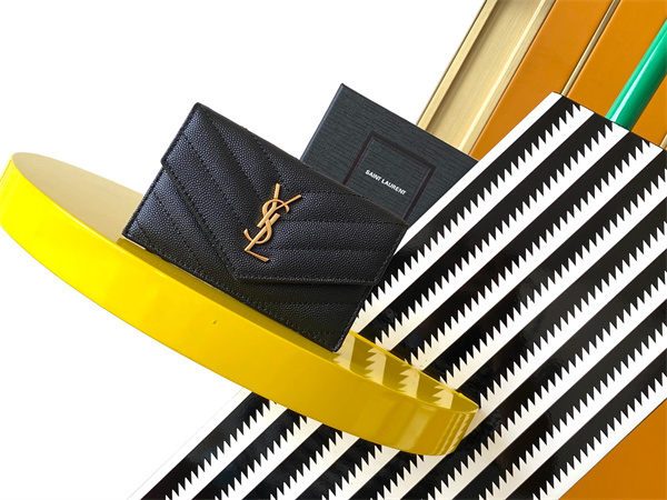 Y.S.L CASSANDRE MATELASS?? FRAGMENTS FLAP CARD CASE IN GRAIN DE POUDRE LEATHER Gold Tone Metal Black