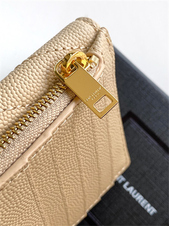 Y.S.L CASSANDRE MATELASS?? FRAGMENTS FLAP CARD CASE IN GRAIN DE POUDRE LEATHER Gold Tone Metal Beige